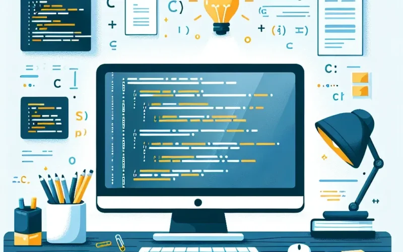 Illustration of a workspace featuring a computer screen displaying code, stationery, and a desk lamp.