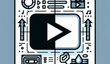 Graphic design featuring a play button surrounded by multimedia icons and symbols.