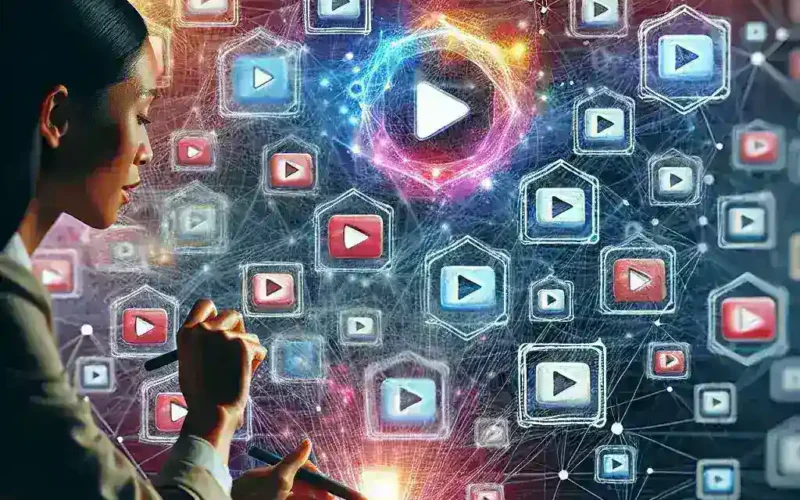 A woman interacting with a digital tablet surrounded by multimedia icons and graphics representing video content.
