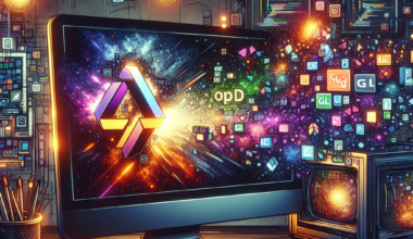 A computer monitor displaying vibrant digital graphics with various icons and symbols emanating from it.