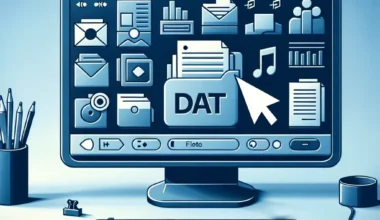 A computer monitor showing various digital files and application icons on a blue background.