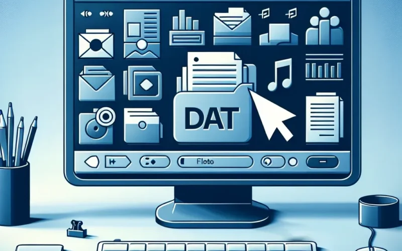 A computer monitor showing various digital files and application icons on a blue background.