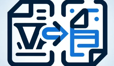 Graphic representation of document conversion with arrows between two documents and icons indicating transformation.