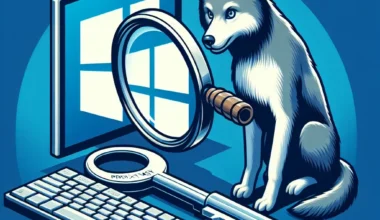 Illustration featuring a wolf sitting beside a magnifying glass, a keyboard, and a key against a blue background.