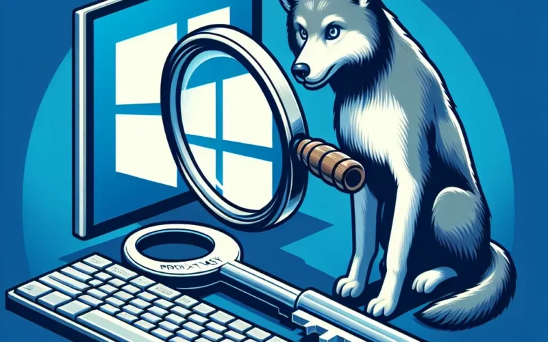 Illustration featuring a wolf sitting beside a magnifying glass, a keyboard, and a key against a blue background.