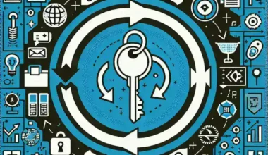 Circular design featuring a key symbol surrounded by various icons related to technology and security.