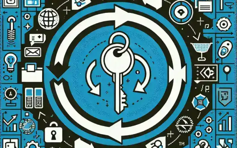 Circular design featuring a key symbol surrounded by various icons related to technology and security.