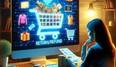 Woman sitting at a desk looking at a computer screen displaying a digital shopping cart with return and refund graphics.