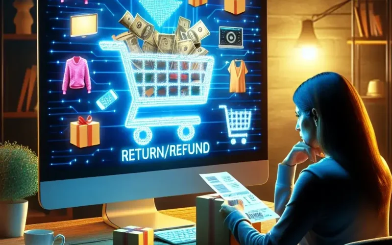 Woman sitting at a desk looking at a computer screen displaying a digital shopping cart with return and refund graphics.