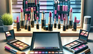 A variety of lipsticks and eyeshadow palettes arranged in front of a mirror with lights.