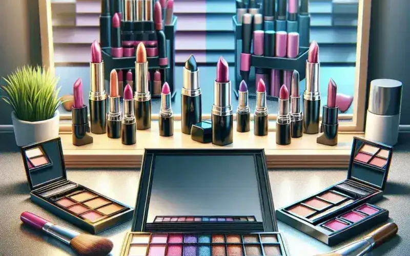 A variety of lipsticks and eyeshadow palettes arranged in front of a mirror with lights.