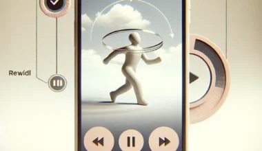 Smartphone displaying a music player interface with a figure running and circular elements.