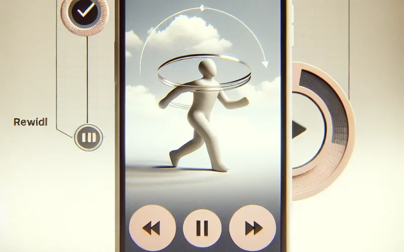 Smartphone displaying a music player interface with a figure running and circular elements.