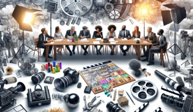 A diverse group of professionals gathered around a table with film equipment and creative props in a studio setting.