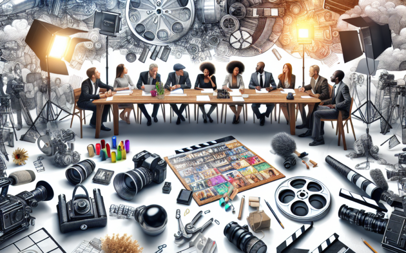 A diverse group of professionals gathered around a table with film equipment and creative props in a studio setting.