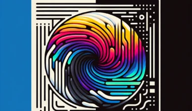 Abstract digital design featuring a swirling colorful pattern within a computer window outline.