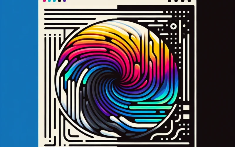 Abstract digital design featuring a swirling colorful pattern within a computer window outline.