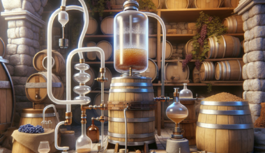 Distillation apparatus with glass and wooden components in a cellar filled with barrels and grapes.