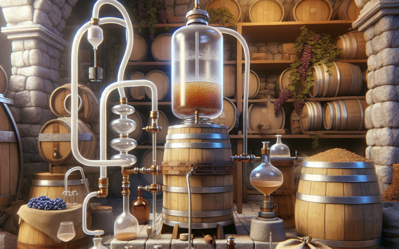 Distillation apparatus with glass and wooden components in a cellar filled with barrels and grapes.
