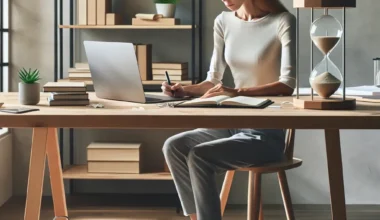 A woman seated at a wooden desk using a laptop, with an hourglass and clock nearby.
