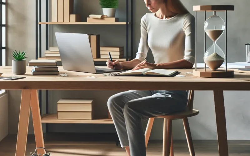 A woman seated at a wooden desk using a laptop, with an hourglass and clock nearby.