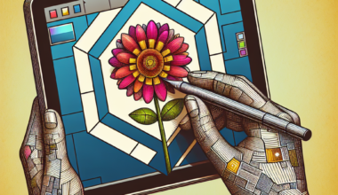 Hands holding a tablet displaying a digital illustration of a flower with geometric patterns in the background.