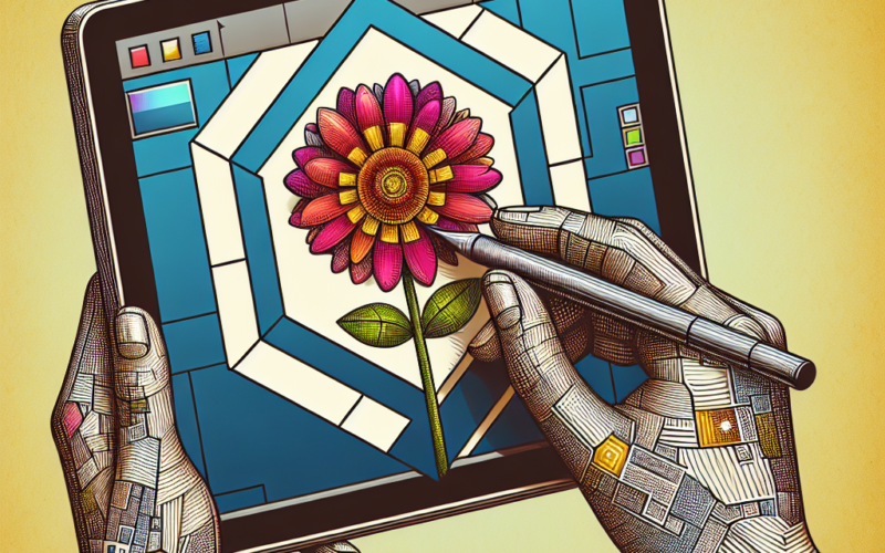 Hands holding a tablet displaying a digital illustration of a flower with geometric patterns in the background.