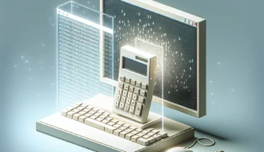 A calculator positioned in front of a computer monitor displaying digital data and code.