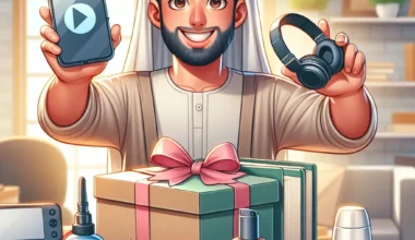 Man in traditional attire holding a smartphone and headphones next to a gift box and various beauty products.