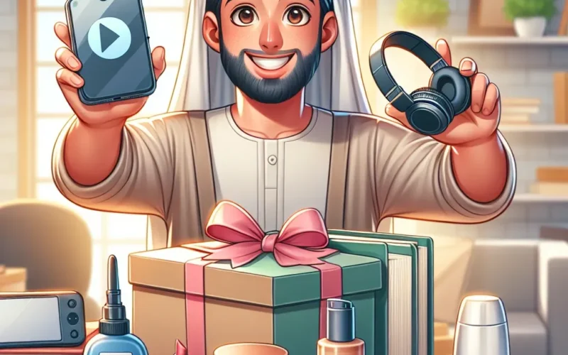 Man in traditional attire holding a smartphone and headphones next to a gift box and various beauty products.