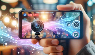 Hand holding a smartphone displaying a camera interface for live streaming with colorful visual effects.