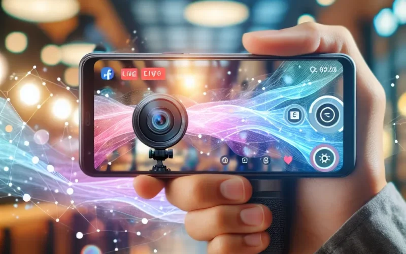 Hand holding a smartphone displaying a camera interface for live streaming with colorful visual effects.