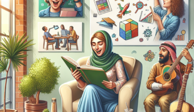An illustration depicting individuals engaged in various creative activities, including drawing and reading.