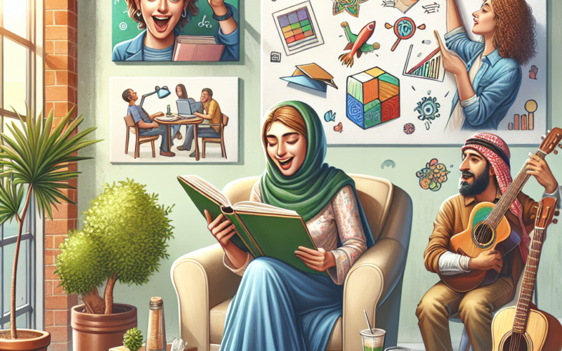 An illustration depicting individuals engaged in various creative activities, including drawing and reading.