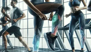 Individuals exercising on treadmills with digital health metrics displayed on their legs.
