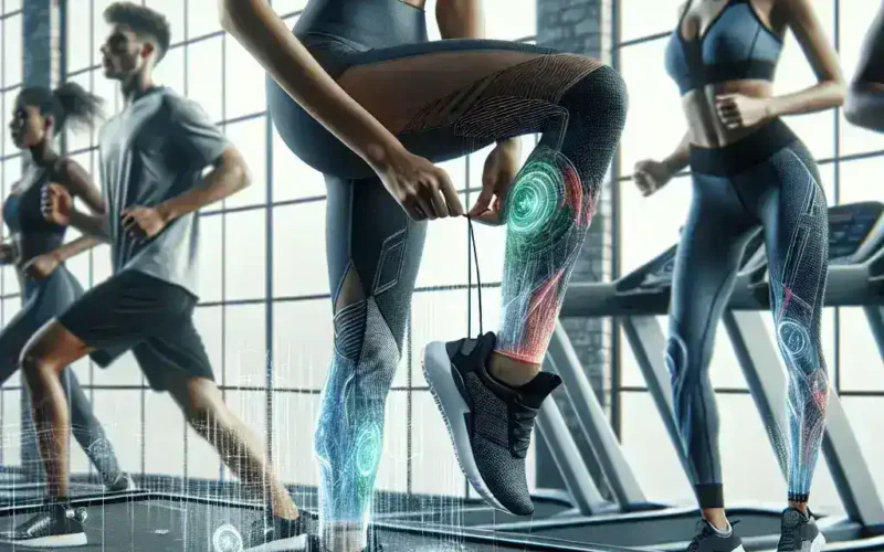 Individuals exercising on treadmills with digital health metrics displayed on their legs.
