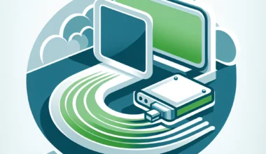 Illustration depicting digital data transfer with screens and a USB device in a stylized design.