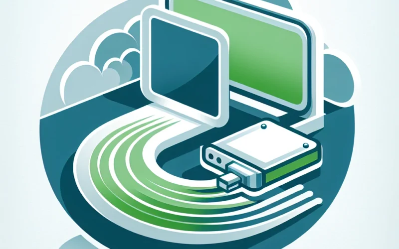 Illustration depicting digital data transfer with screens and a USB device in a stylized design.