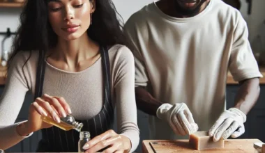 A woman pouring oil from a bottle while a man prepares ingredients on a wooden surface in a kitchen setting.