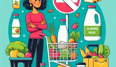 An illustration of a woman with a shopping cart filled with groceries, including almond milk, tofu, and vegetables.