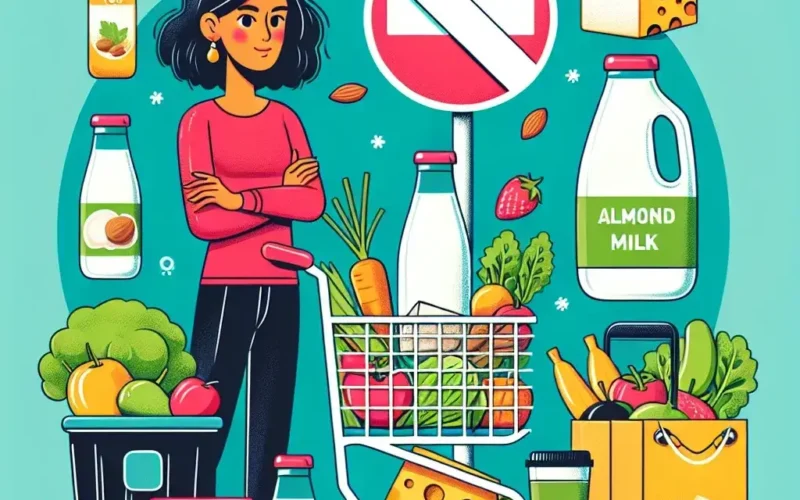 An illustration of a woman with a shopping cart filled with groceries, including almond milk, tofu, and vegetables.
