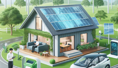 A modern house with solar panels, an electric vehicle charging station, and wind turbines in the background.