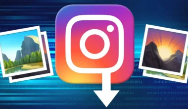 Instagram logo surrounded by image thumbnails of landscapes and mountains on a digital background.