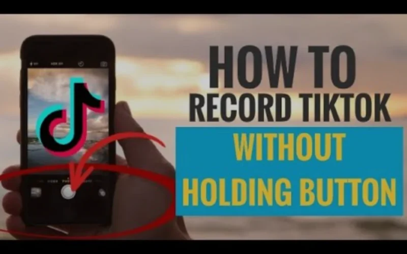 Smartphone displaying TikTok interface with instructions on recording without holding the button.