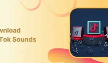 Graphic featuring music notes and TikTok logo on a colorful background representing sound downloads.