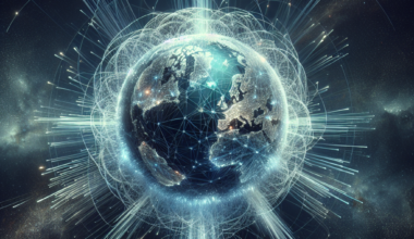 A digital illustration of Earth surrounded by glowing lines and network connections in a cosmic background.