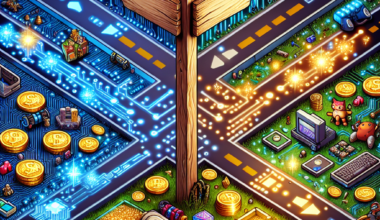 Illustration of a digital intersection featuring a wooden signpost, coins, and various gaming elements.