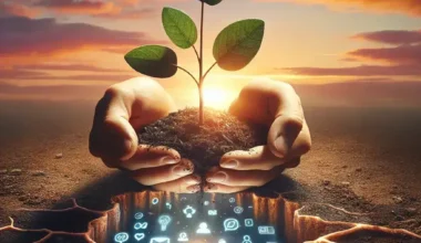 Hands holding a small plant with green leaves emerging from a cracked surface with digital icons below.