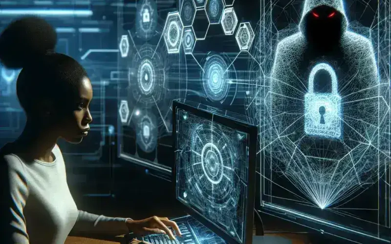 A woman seated at a desk using a computer with cybersecurity visuals and a hooded figure in the background.