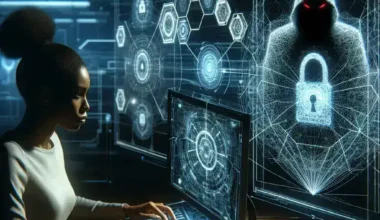 A woman focused on a computer screen displaying cybersecurity graphics and a hooded figure with a padlock symbol.